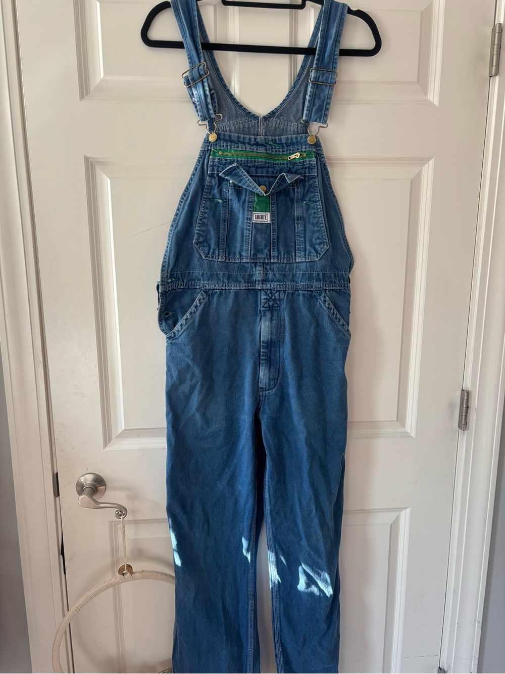 Liberty Blue Denim Overalls with Green Accent